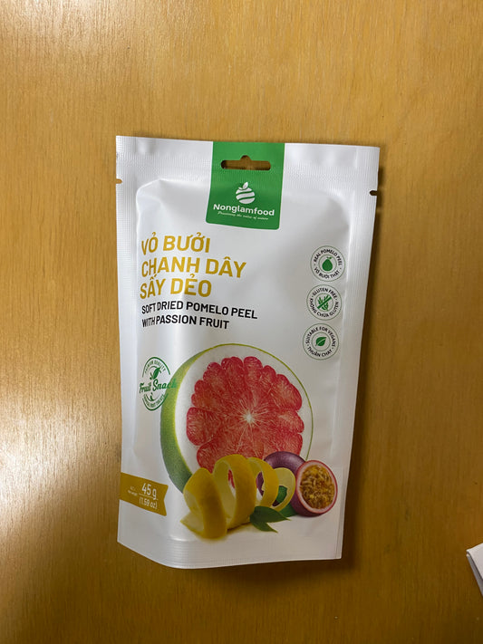 NLF dried pomelo peel with passion fruit/Vỏ bưởi sấy dẻo 45gr
